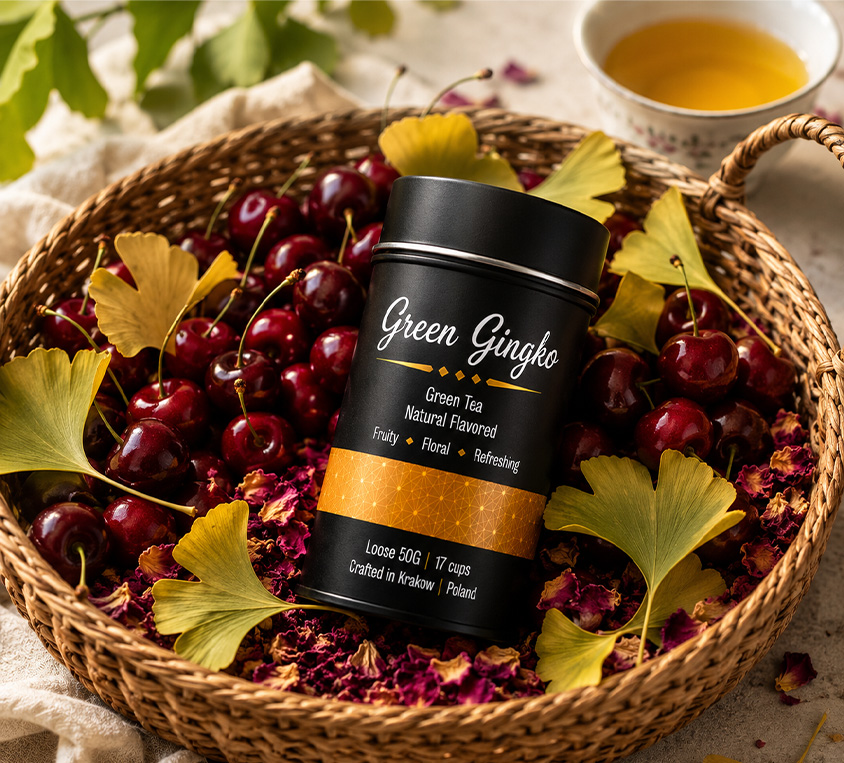 Green Gingko Leo Tea – zielona herbata z wiśnią i miłorzębem w opakowaniu prezentowym